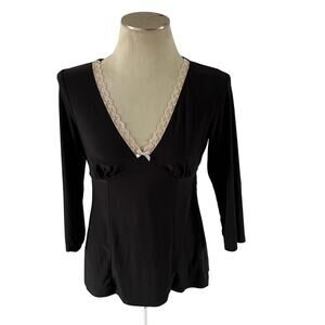 Black Pink Lace Babydoll Long Sleeve Stretch Top M Whimsygoth Fairy Punk Grunge